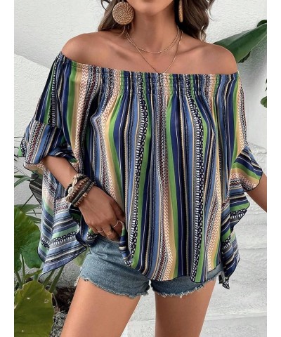 Women's Boho Striped Print Off Shoulder Half Bell Sleeve Blouse Shirts Summer Tops Multicolor Blue $18.47 Blouses