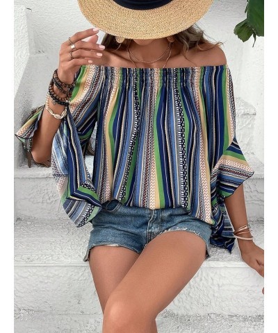 Women's Boho Striped Print Off Shoulder Half Bell Sleeve Blouse Shirts Summer Tops Multicolor Blue $18.47 Blouses