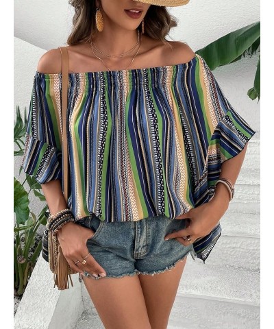 Women's Boho Striped Print Off Shoulder Half Bell Sleeve Blouse Shirts Summer Tops Multicolor Blue $18.47 Blouses