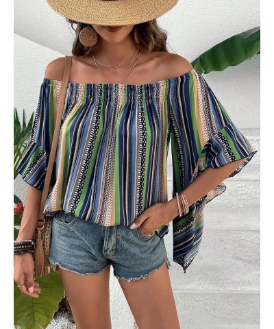 Women's Boho Striped Print Off Shoulder Half Bell Sleeve Blouse Shirts Summer Tops Multicolor Blue $18.47 Blouses