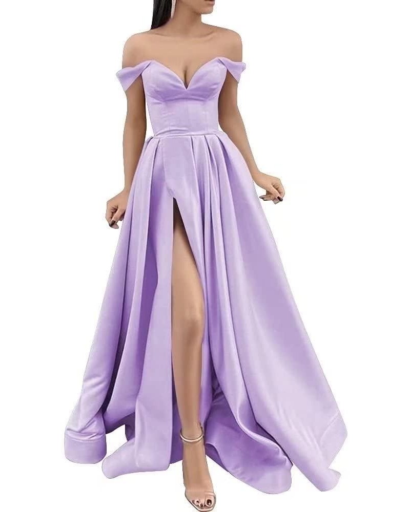 Off The Shoulder Long Slit Prom Dresses with Pockets V Neck Empire Waist Satin Party Evening Gown for Women Formal Lavender $...