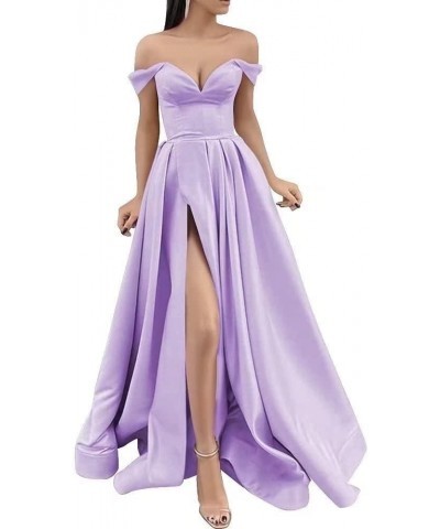 Off The Shoulder Long Slit Prom Dresses with Pockets V Neck Empire Waist Satin Party Evening Gown for Women Formal Lavender $...