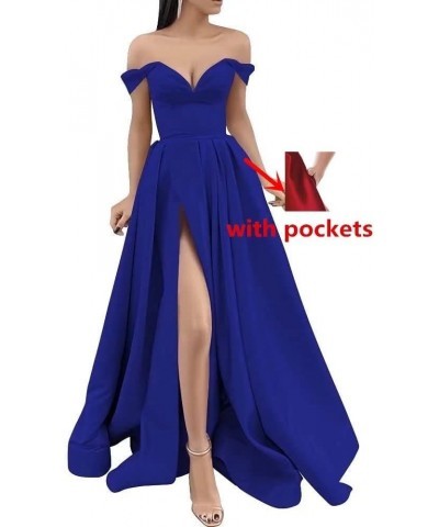 Off The Shoulder Long Slit Prom Dresses with Pockets V Neck Empire Waist Satin Party Evening Gown for Women Formal Lavender $...