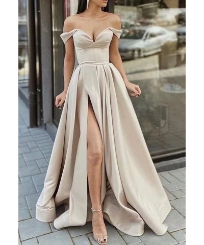 Off The Shoulder Long Slit Prom Dresses with Pockets V Neck Empire Waist Satin Party Evening Gown for Women Formal Lavender $...