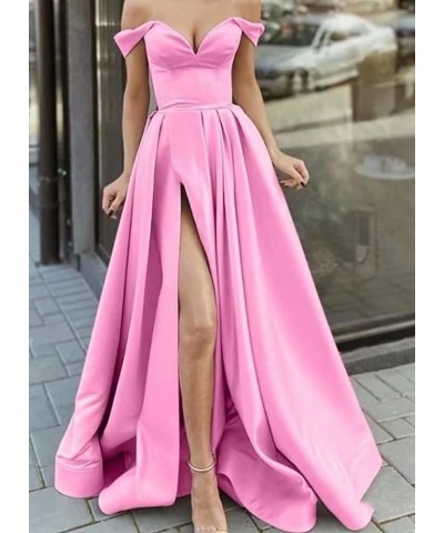 Off The Shoulder Long Slit Prom Dresses with Pockets V Neck Empire Waist Satin Party Evening Gown for Women Formal Lavender $...