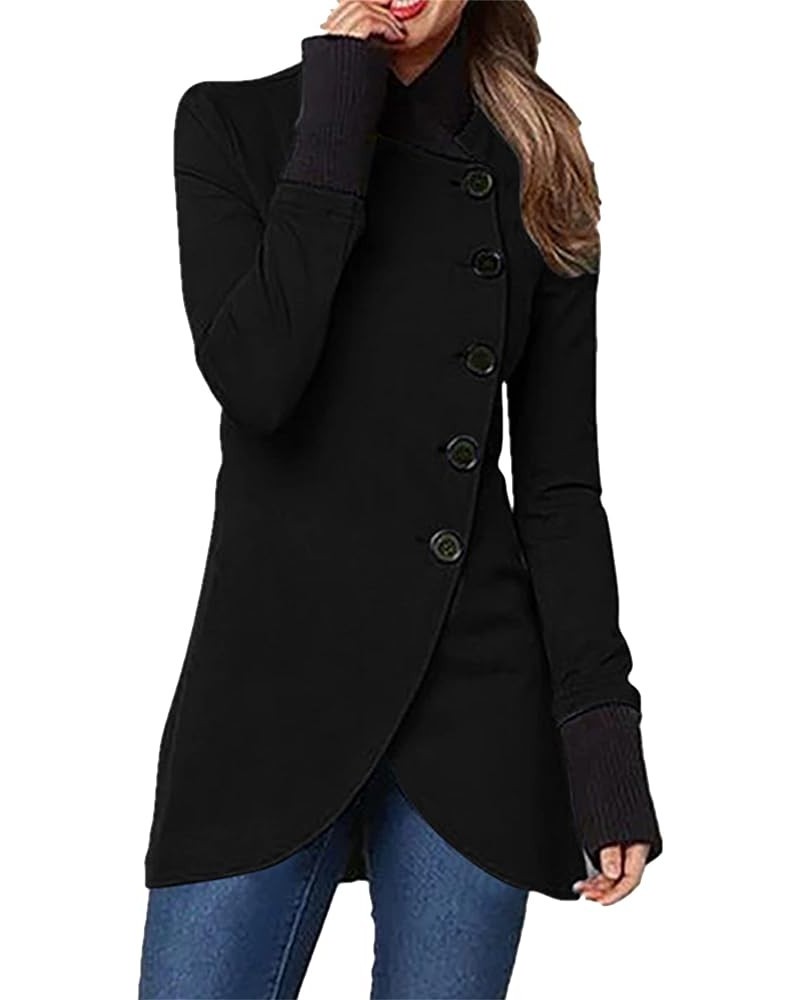 Women Winter Single Breasted Pea Coat High Neck Solid Color Jacket Casual Irregular Hem Coats Plus Size Black $15.59 Coats