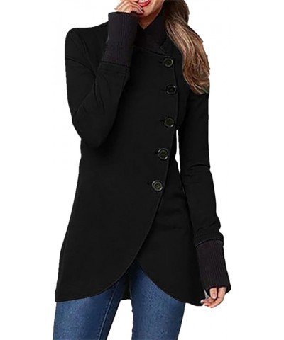 Women Winter Single Breasted Pea Coat High Neck Solid Color Jacket Casual Irregular Hem Coats Plus Size Black $15.59 Coats