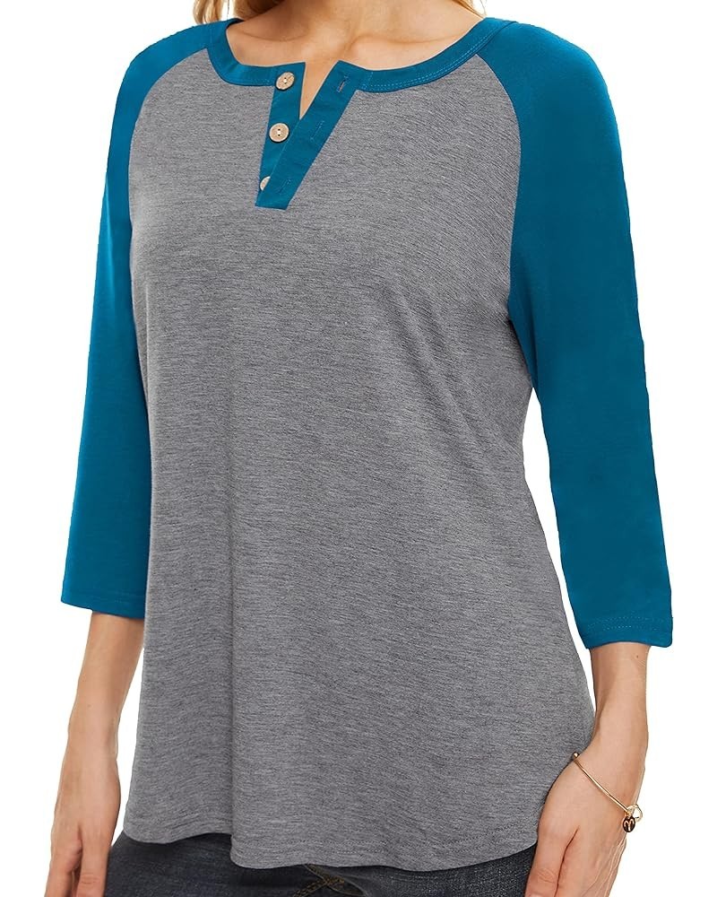 Womens Tops Color Block Raglan 3/4 Sleeve Shirts for Women Button Blouse Blue Sleeve $9.89 Tops