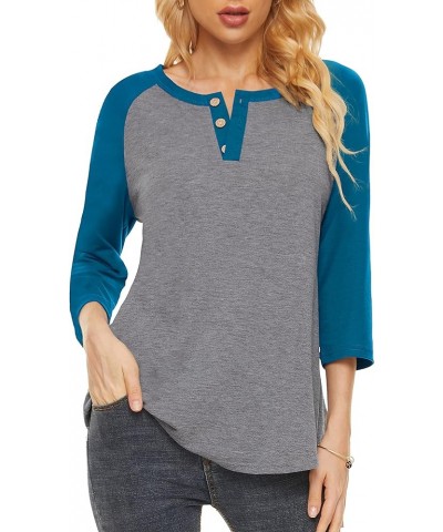 Womens Tops Color Block Raglan 3/4 Sleeve Shirts for Women Button Blouse Blue Sleeve $9.89 Tops