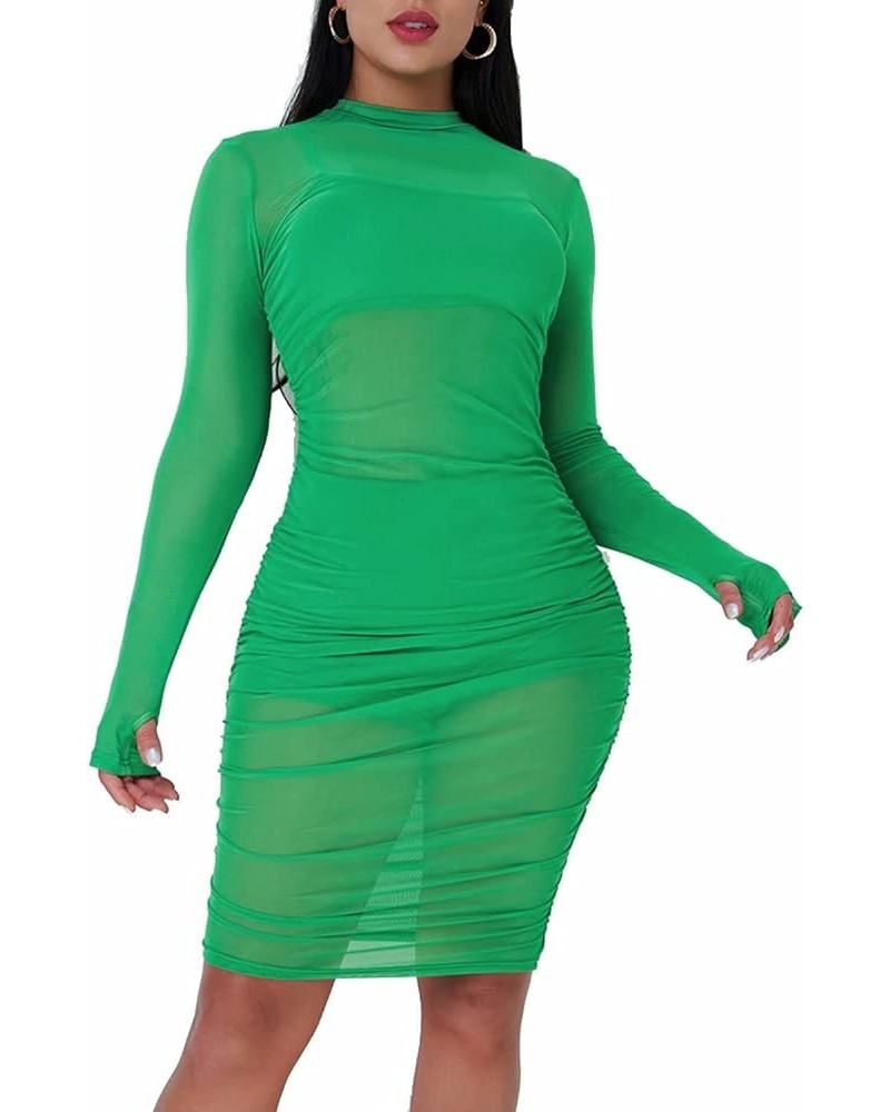 Women Long Sleeve Bodycon Dress - Sexy See Through Sheer Mesh Cover Up Ruched Dress Club Outfits Grass Green 3 Pc $21.99 Dresses