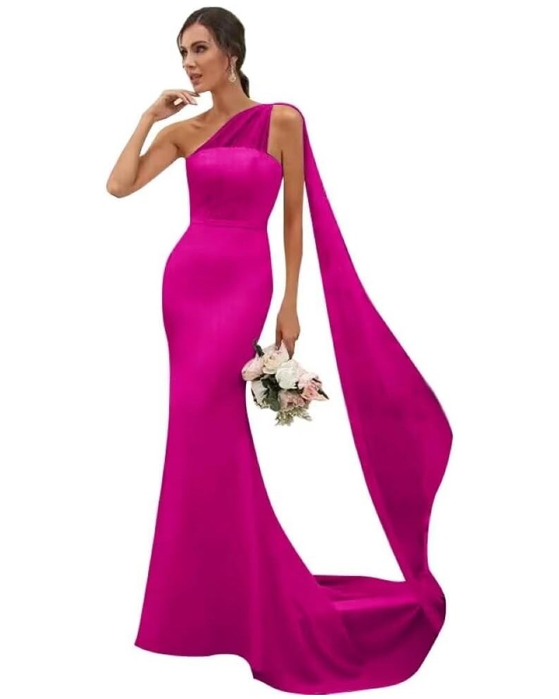 Long One Shoulder Bridesmaid Dresses for Women Satin Mermaid Prom Dress Long Tulle Formal Evening Dresses Fuchsia $27.60 Dresses