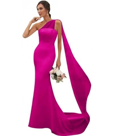 Long One Shoulder Bridesmaid Dresses for Women Satin Mermaid Prom Dress Long Tulle Formal Evening Dresses Fuchsia $27.60 Dresses