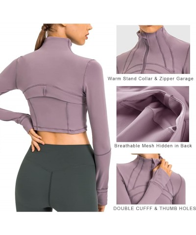 Women Workout Cropped Long-Sleeve Jackets Zip-Up Lightweight Pullover Athletic Yoga Running Tops with Thumb Holes Light Purpl...