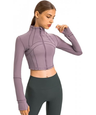 Women Workout Cropped Long-Sleeve Jackets Zip-Up Lightweight Pullover Athletic Yoga Running Tops with Thumb Holes Light Purpl...