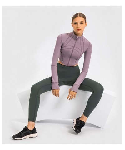 Women Workout Cropped Long-Sleeve Jackets Zip-Up Lightweight Pullover Athletic Yoga Running Tops with Thumb Holes Light Purpl...