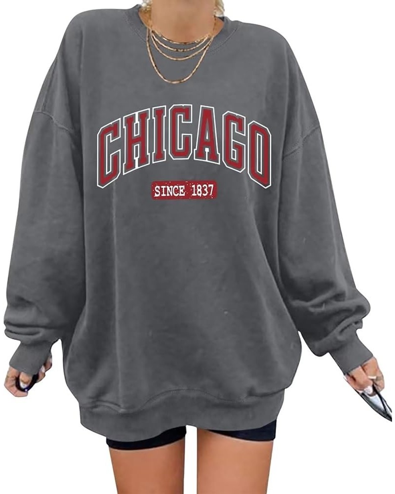 Oversized Graphic Sweatshirt for Women Long Sleeve Crewneck Pullover Casual Fall Hoodie Tops 2024 Chicago Grey $19.03 Hoodies...