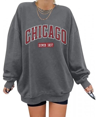 Oversized Graphic Sweatshirt for Women Long Sleeve Crewneck Pullover Casual Fall Hoodie Tops 2024 Chicago Grey $19.03 Hoodies...