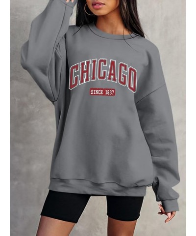 Oversized Graphic Sweatshirt for Women Long Sleeve Crewneck Pullover Casual Fall Hoodie Tops 2024 Chicago Grey $19.03 Hoodies...