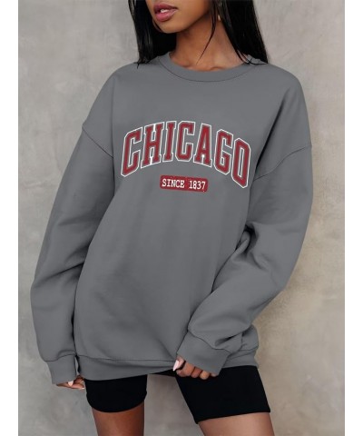 Oversized Graphic Sweatshirt for Women Long Sleeve Crewneck Pullover Casual Fall Hoodie Tops 2024 Chicago Grey $19.03 Hoodies...