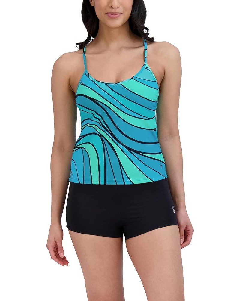 Women's Standard V Neck Tankini Tummy Control Quick Dry Removable Cup Adjustable Strap Boy Short Bottom Swimsuit Set Teal/Bla...