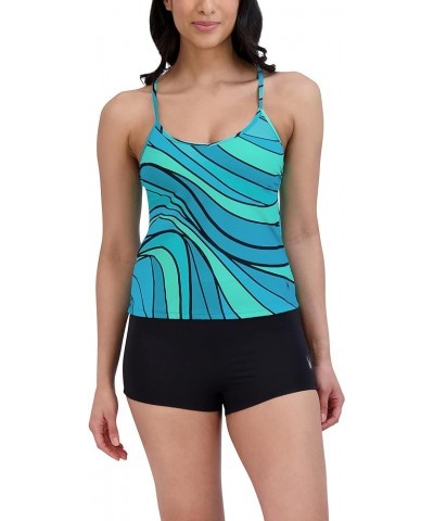 Women's Standard V Neck Tankini Tummy Control Quick Dry Removable Cup Adjustable Strap Boy Short Bottom Swimsuit Set Teal/Bla...