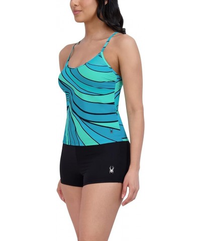 Women's Standard V Neck Tankini Tummy Control Quick Dry Removable Cup Adjustable Strap Boy Short Bottom Swimsuit Set Teal/Bla...