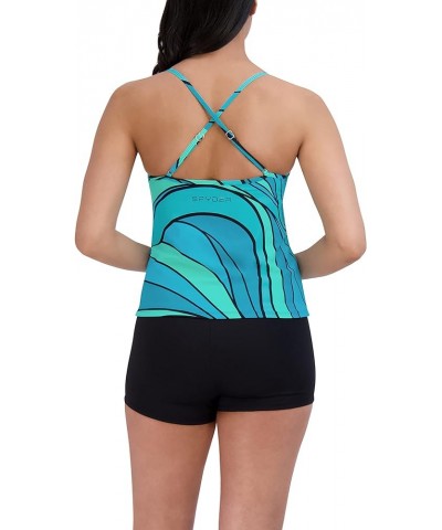 Women's Standard V Neck Tankini Tummy Control Quick Dry Removable Cup Adjustable Strap Boy Short Bottom Swimsuit Set Teal/Bla...