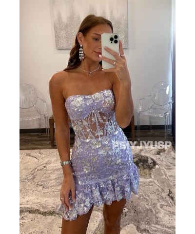 Women's Strapless Tight Homecoming Dresses for Teens 2023 Sparkly Sequin Lace Applique Ruffle Corset Prom Dress Purple $40.49...