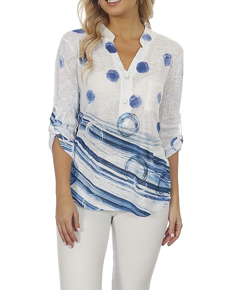 Women's Blue Spotted Mandarin Collar Top Multi $38.69 Blouses