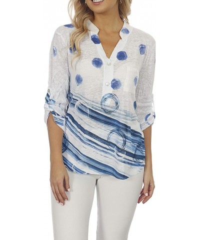 Women's Blue Spotted Mandarin Collar Top Multi $38.69 Blouses