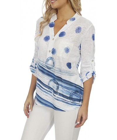 Women's Blue Spotted Mandarin Collar Top Multi $38.69 Blouses