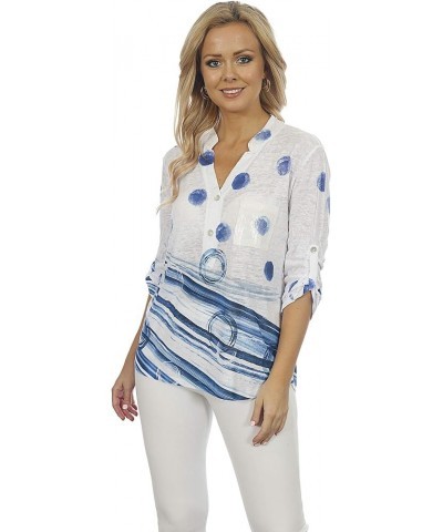 Women's Blue Spotted Mandarin Collar Top Multi $38.69 Blouses