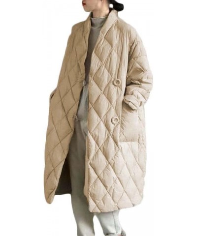 Women Long Baggy Winter Puffer Coats Collarless Cotton-Padded Jacket Button Long Sleeve Pockets Warm Quilted Outerwear Beige ...