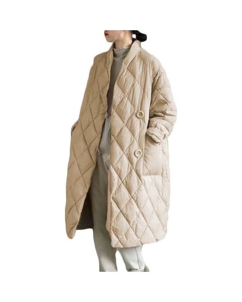 Women Long Baggy Winter Puffer Coats Collarless Cotton-Padded Jacket Button Long Sleeve Pockets Warm Quilted Outerwear Beige ...