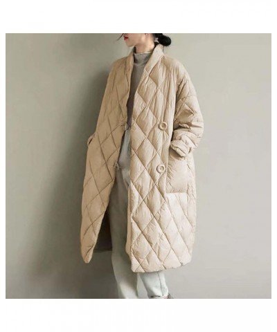 Women Long Baggy Winter Puffer Coats Collarless Cotton-Padded Jacket Button Long Sleeve Pockets Warm Quilted Outerwear Beige ...