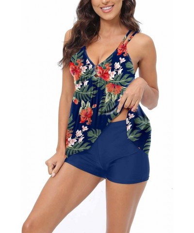 Bathing Suit for Women Two Piece Modest Tankini Swimsuits Floral Print Sleeveless Swim Suits Tank Top with Boyshorts 02 Blue ...