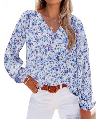 Women Casual Boho Blouse Fashion Floral Shirts V Neck Long Puff Sleeve Lightweight Chiffon Spring Summer Tops 2024 Floral Dar...