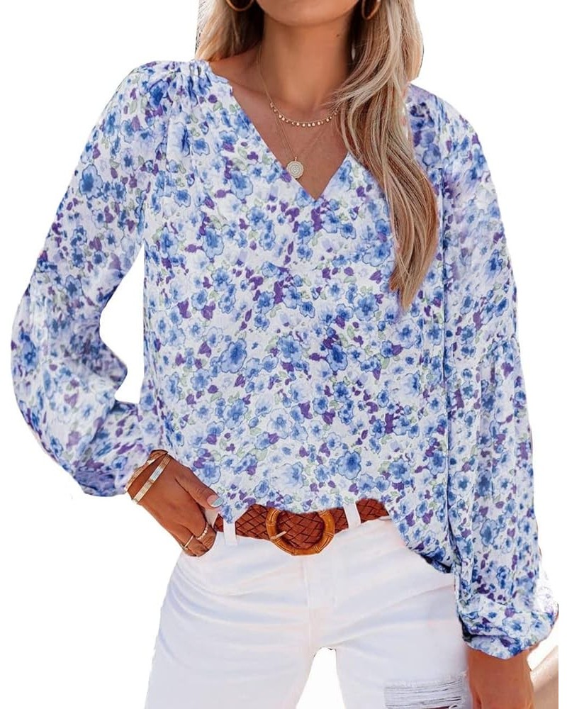 Women Casual Boho Blouse Fashion Floral Shirts V Neck Long Puff Sleeve Lightweight Chiffon Spring Summer Tops 2024 Floral Dar...