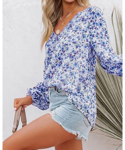 Women Casual Boho Blouse Fashion Floral Shirts V Neck Long Puff Sleeve Lightweight Chiffon Spring Summer Tops 2024 Floral Dar...