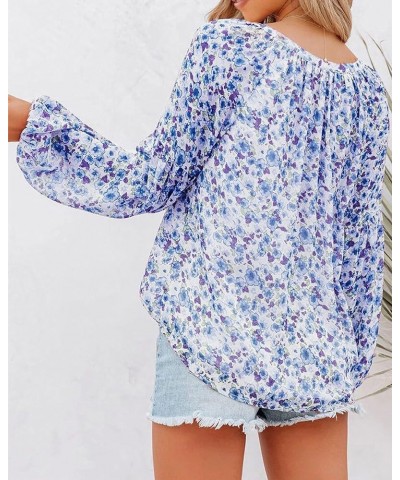 Women Casual Boho Blouse Fashion Floral Shirts V Neck Long Puff Sleeve Lightweight Chiffon Spring Summer Tops 2024 Floral Dar...