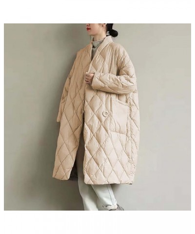 Women Long Baggy Winter Puffer Coats Collarless Cotton-Padded Jacket Button Long Sleeve Pockets Warm Quilted Outerwear Beige ...