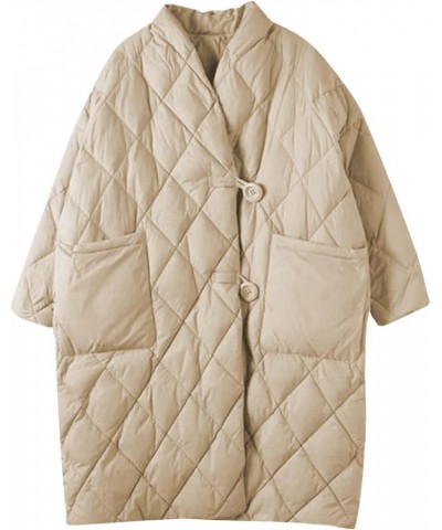 Women Long Baggy Winter Puffer Coats Collarless Cotton-Padded Jacket Button Long Sleeve Pockets Warm Quilted Outerwear Beige ...