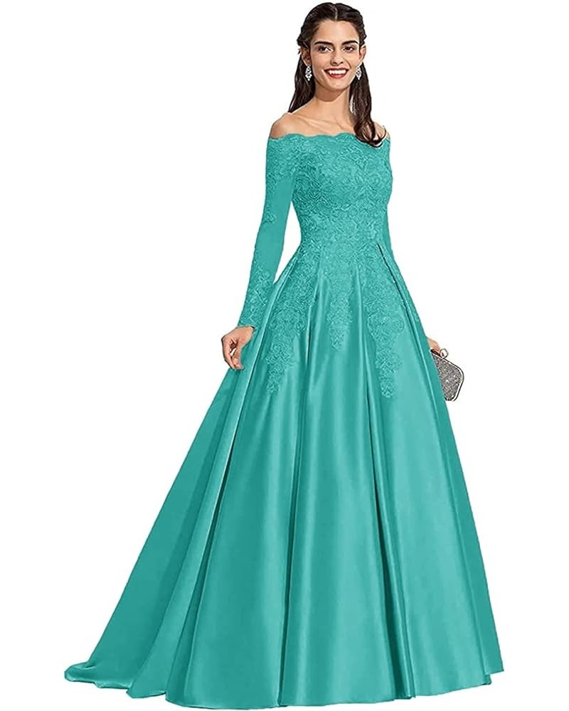 Women's Long Sleeve Off Shoulder Prom Dresses Long Satin Lace Wedding Dress Formal Party Dress Turquoise $44.10 Others