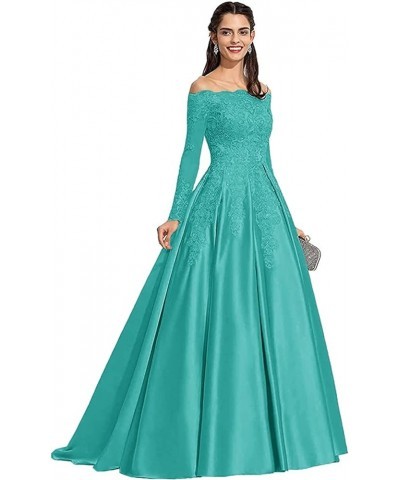 Women's Long Sleeve Off Shoulder Prom Dresses Long Satin Lace Wedding Dress Formal Party Dress Turquoise $44.10 Others