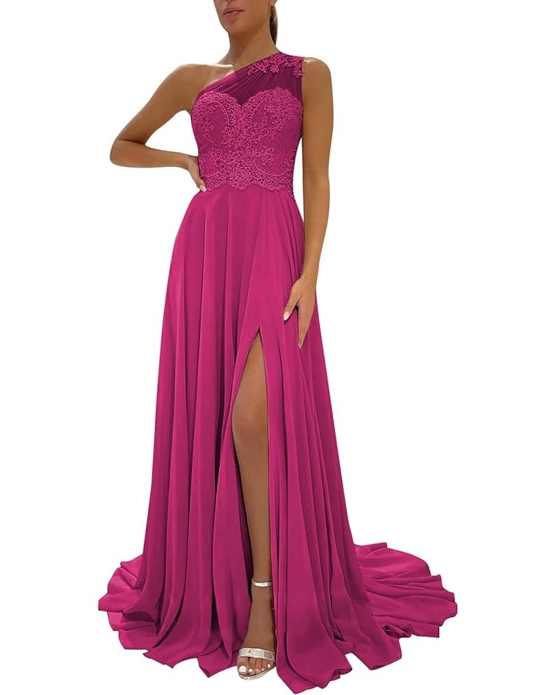 Women's One Shoulder Bridesmaid Dresses for Wedding Long Lace A-Line Silt Formal Evening Gown with Pockets Hot Pink $31.20 Dr...