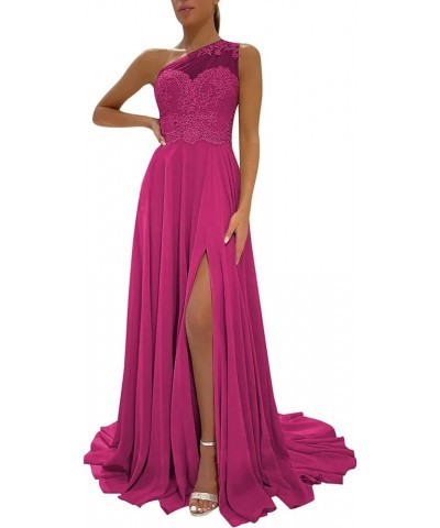 Women's One Shoulder Bridesmaid Dresses for Wedding Long Lace A-Line Silt Formal Evening Gown with Pockets Hot Pink $31.20 Dr...