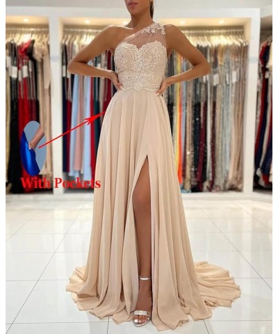 Women's One Shoulder Bridesmaid Dresses for Wedding Long Lace A-Line Silt Formal Evening Gown with Pockets Hot Pink $31.20 Dr...