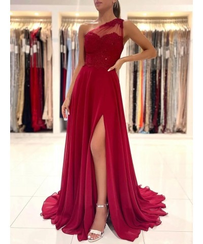 Women's One Shoulder Bridesmaid Dresses for Wedding Long Lace A-Line Silt Formal Evening Gown with Pockets Hot Pink $31.20 Dr...