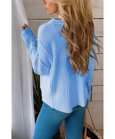 Women's Casual Knitwear Pullover Sweater Soild Color V-Neck Loose Long Sleeve Knit Jumper Tops Light Blue $11.72 Sweaters