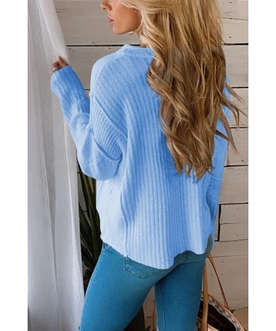 Women's Casual Knitwear Pullover Sweater Soild Color V-Neck Loose Long Sleeve Knit Jumper Tops Light Blue $11.72 Sweaters